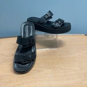 Sincerely Jules Black Double Buckle Platform Slide Sandals